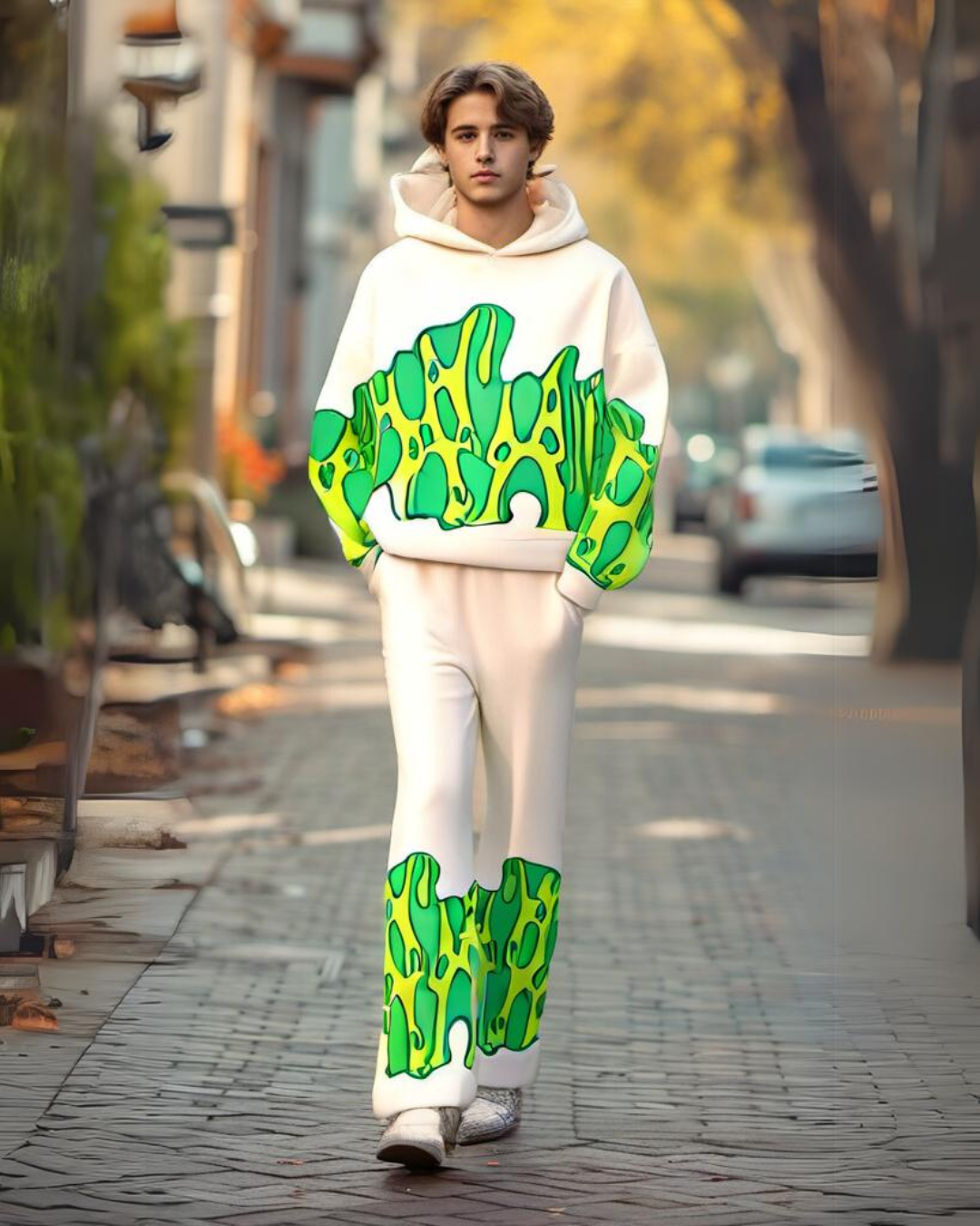 Men's Green Fire Edition Hoodie Oversized Co-ord Set - White and White