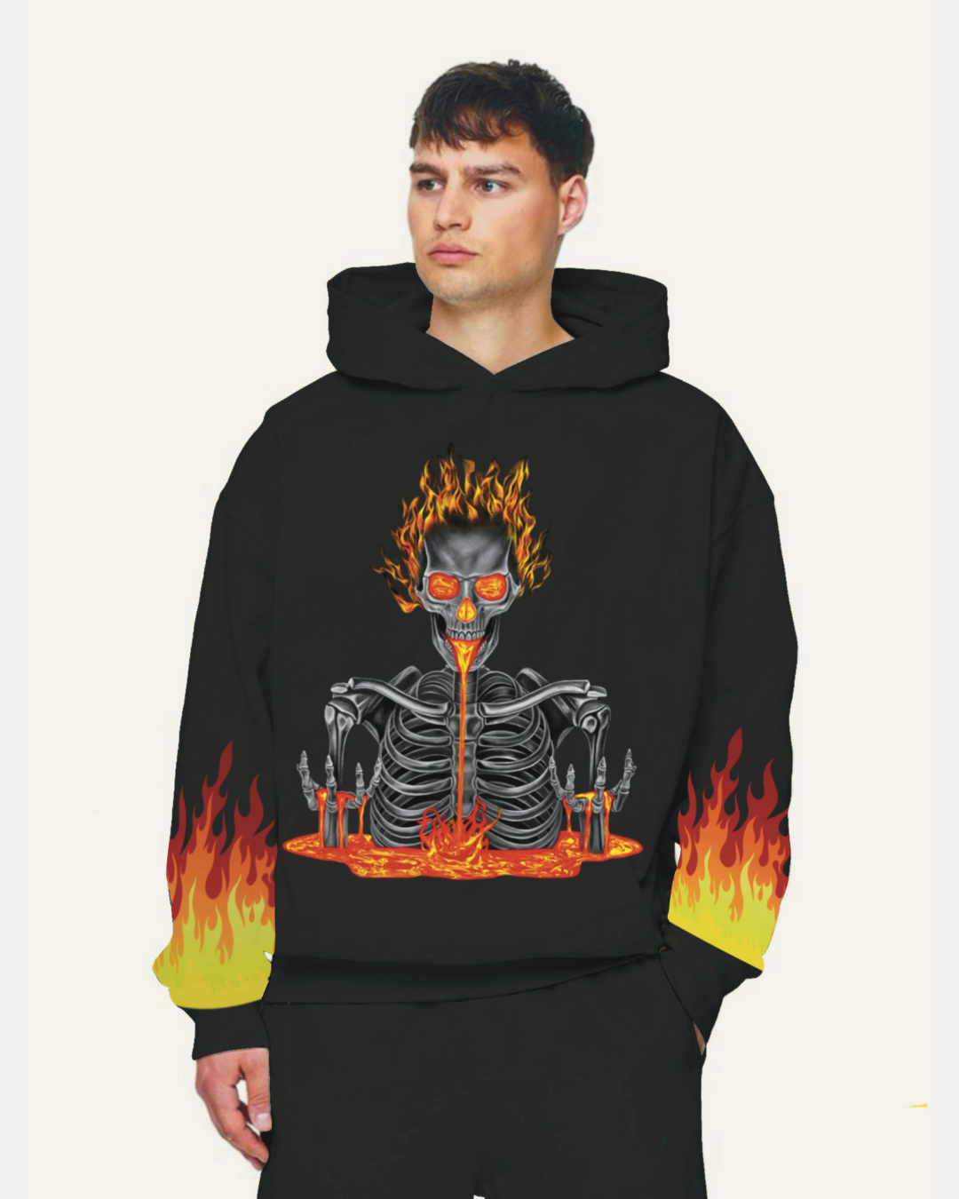 Unisex Black Oversized Hoodie - Fiery Skull