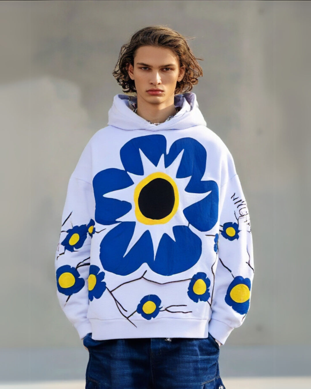 Unisex White Oversized Hoodie - Flower