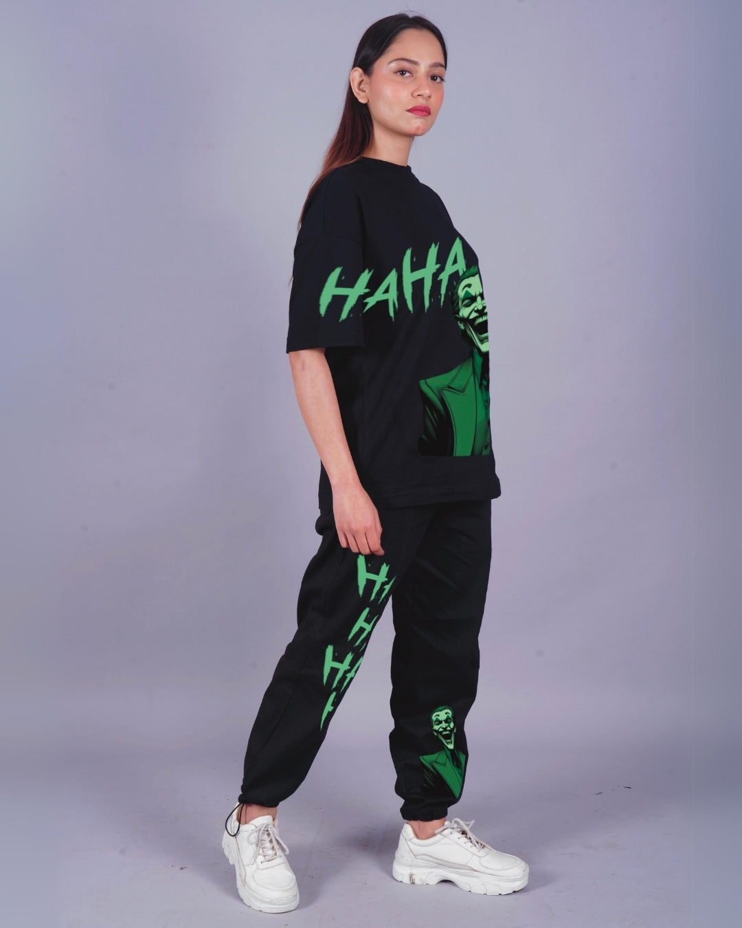 Women Happy Joker Oversized Co-Ord Set - Black and Black