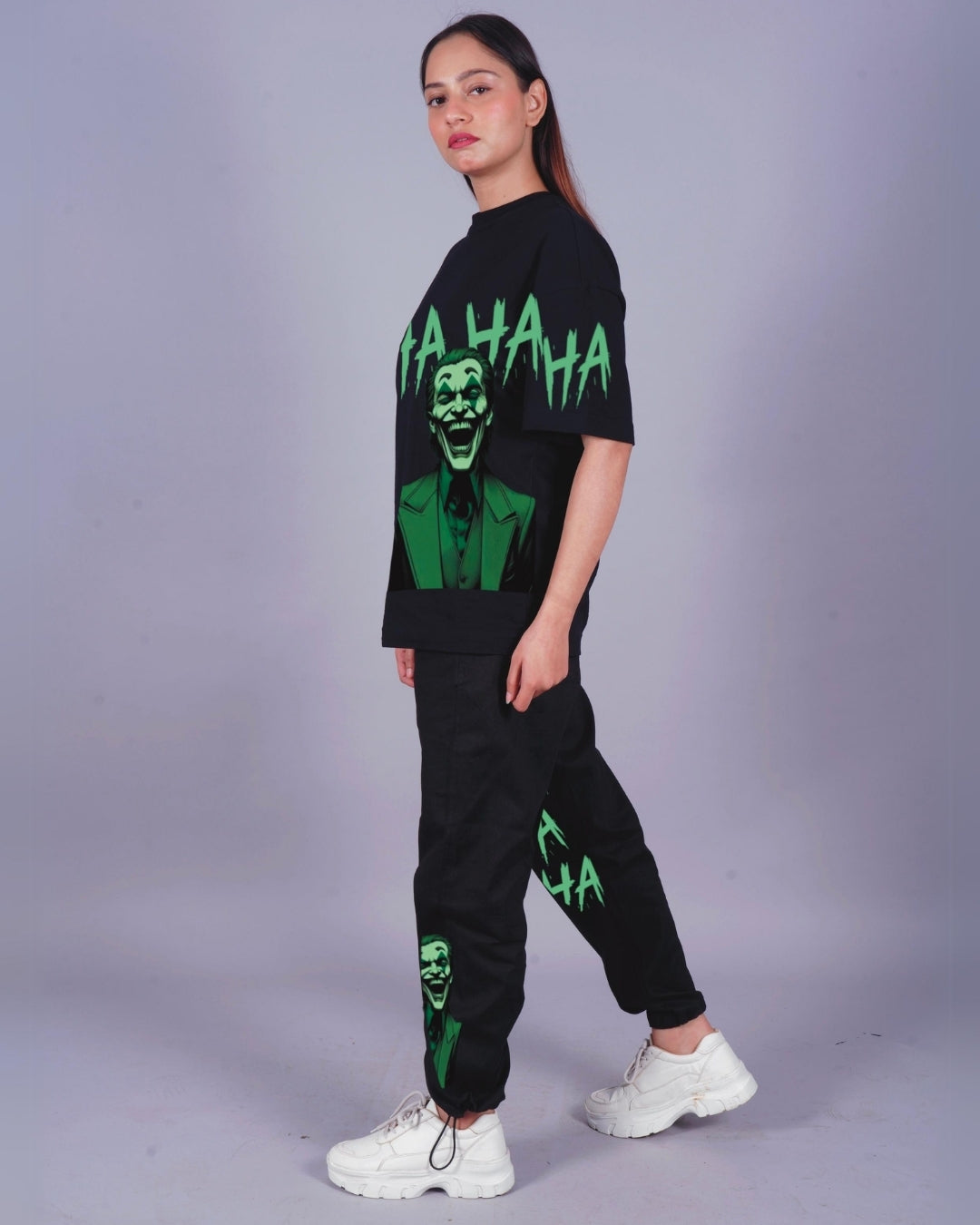 Women Happy Joker Oversized Co-Ord Set - Black and Black