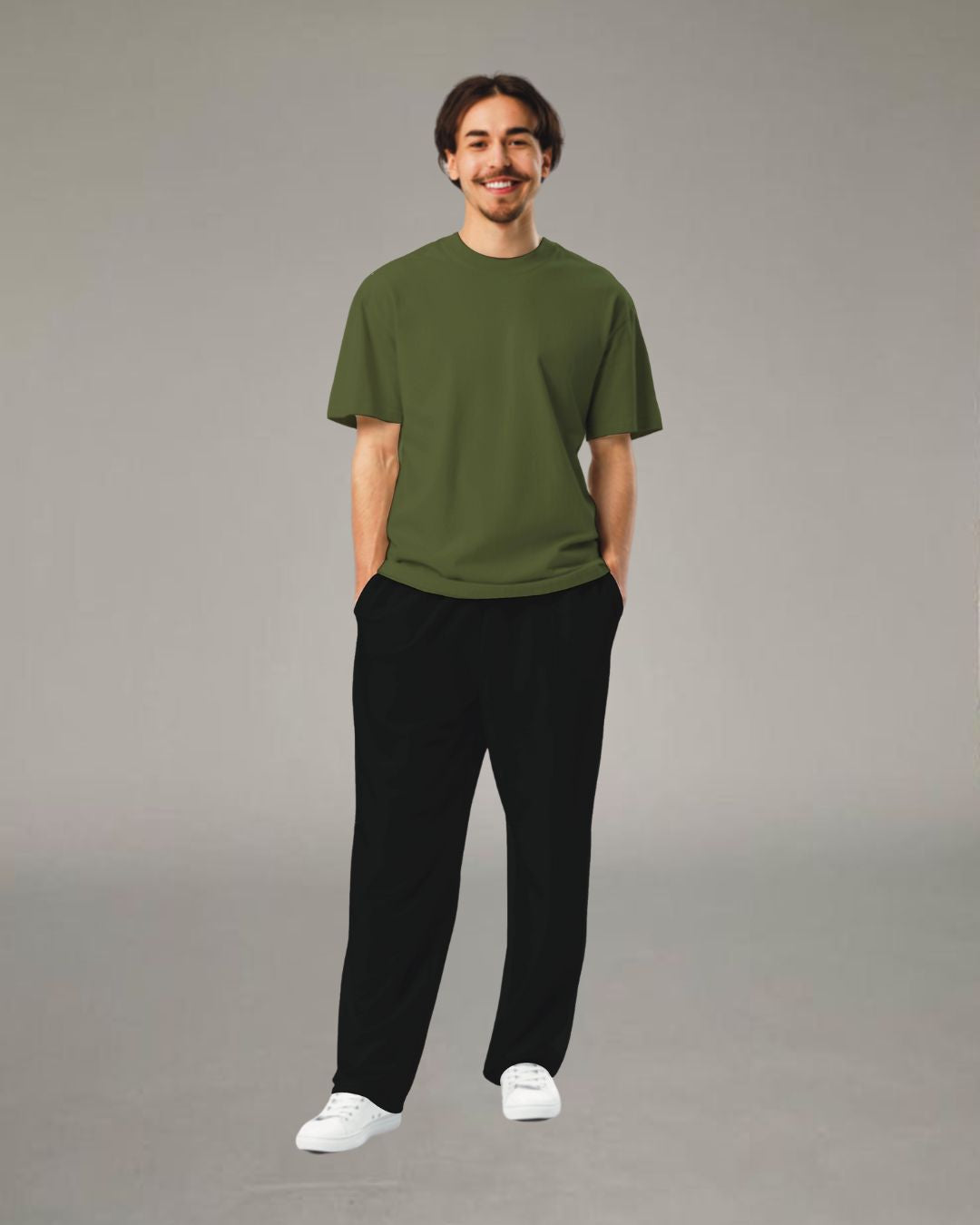 Olive and Black Solid Oversized Men's Co Ord Set