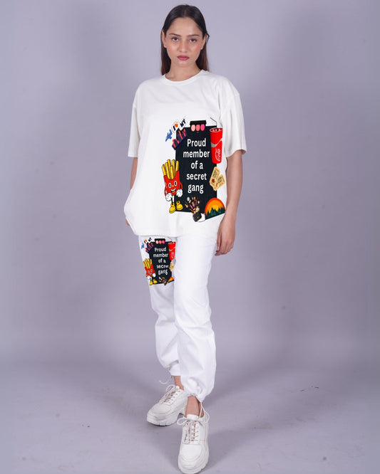 Women Secret Gang Oversized Co-Ord Set - White and White