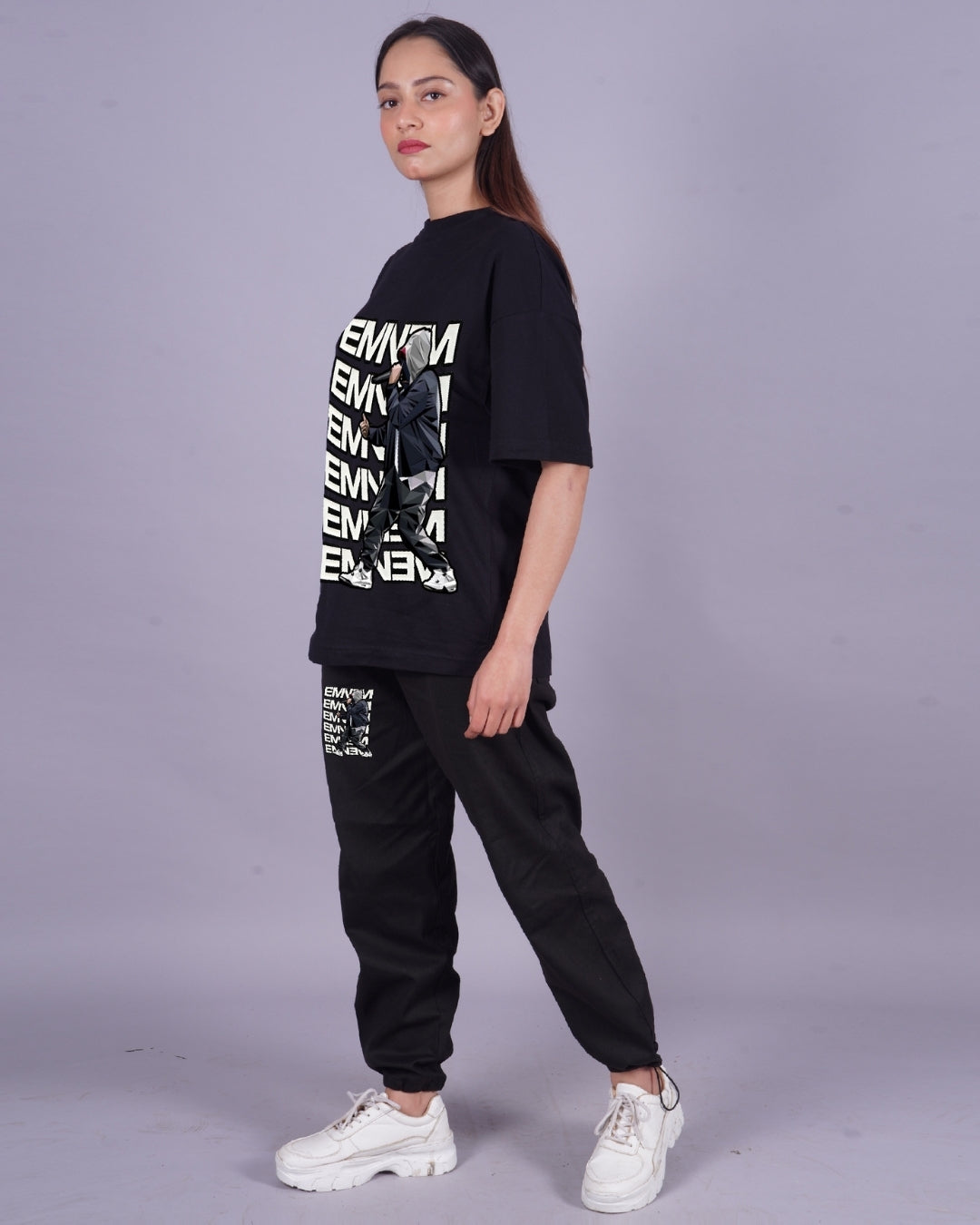 Women Eminem Oversized Co-Ord Set - Black and Black