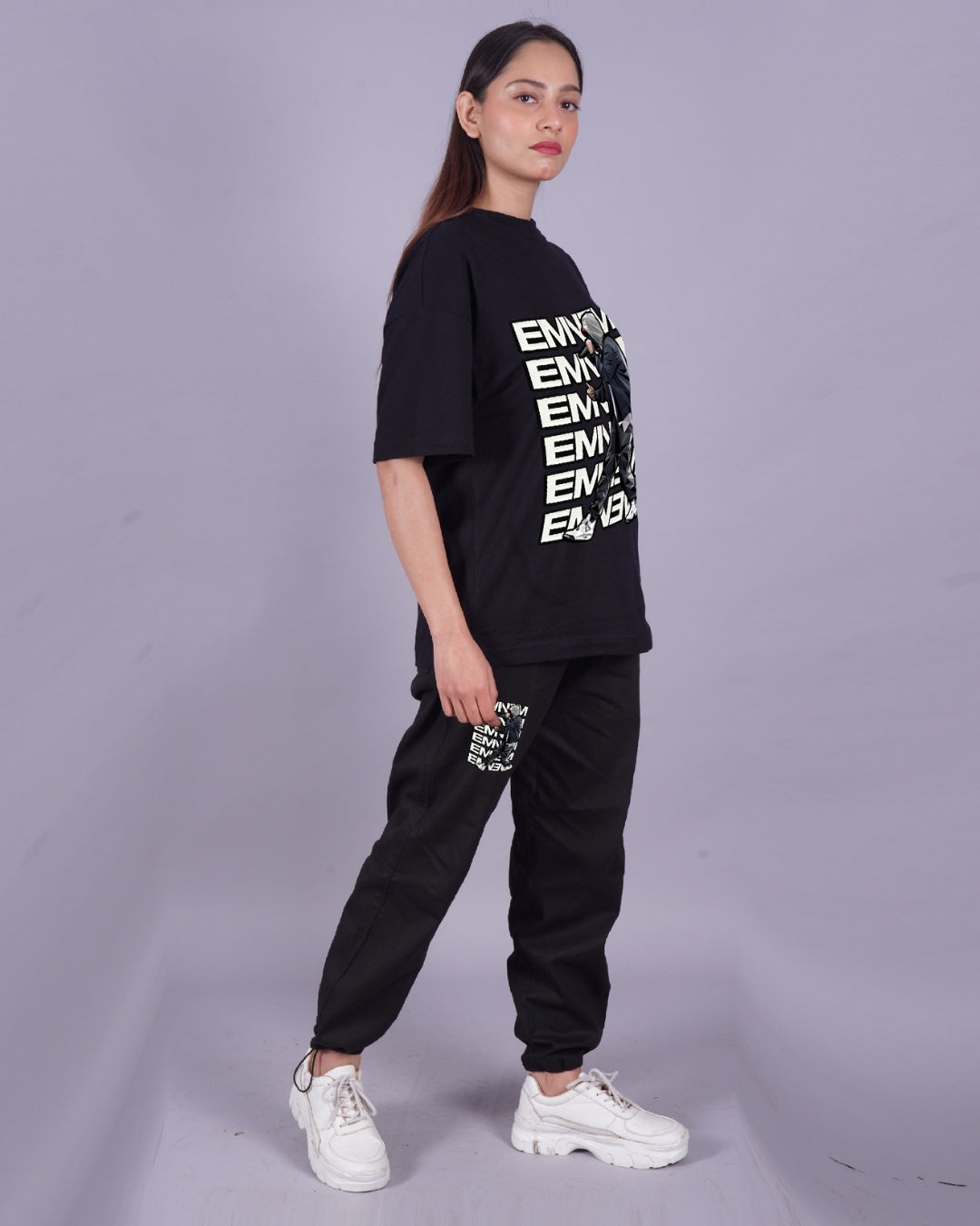 Women Eminem Oversized Co-Ord Set - Black and Black