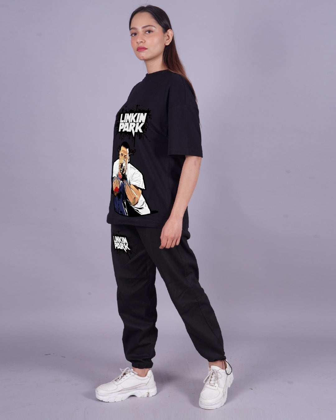 Women Eminem Rap Star Oversized Co-Ord Set - Black and Black