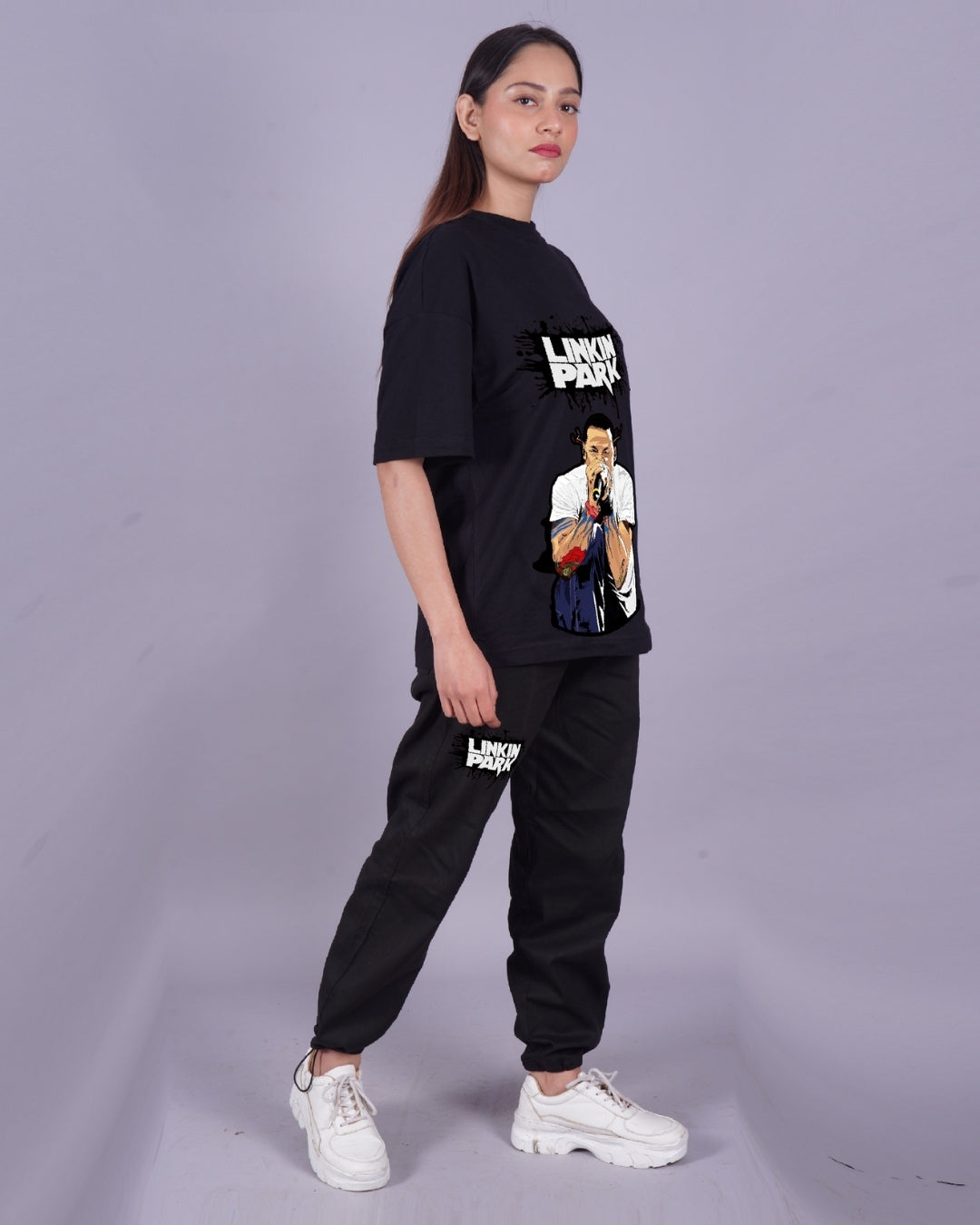 Women Eminem Rap Star Oversized Co-Ord Set - Black and Black