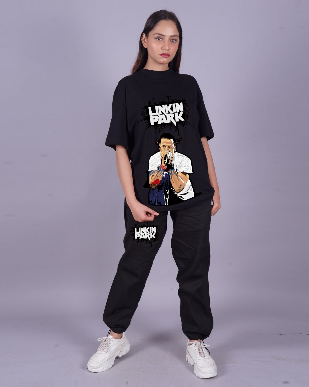 Women Eminem Rap Star Oversized Co-Ord Set - Black and Black