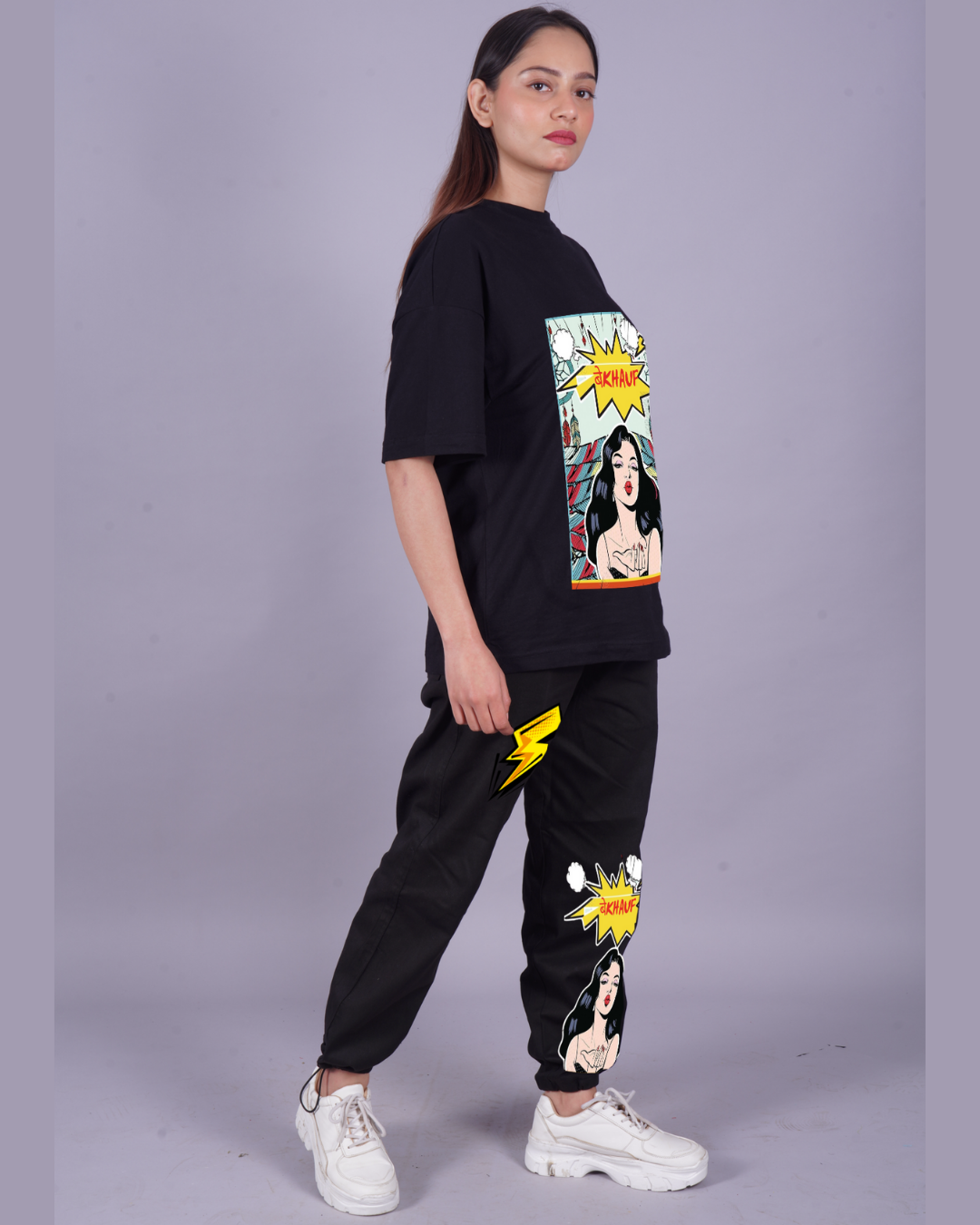 Women Bekhauf Graphic Oversized Co-Ord Set - Black and Black