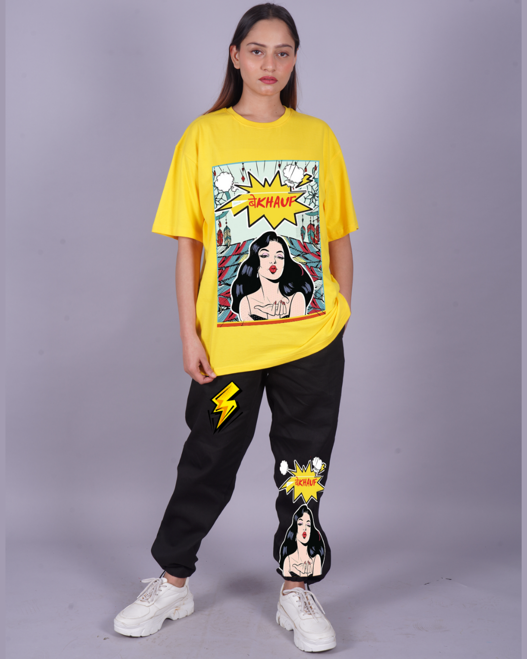 Women Bekhauf Graphic Oversized Co-Ord Set - Yellow and Black