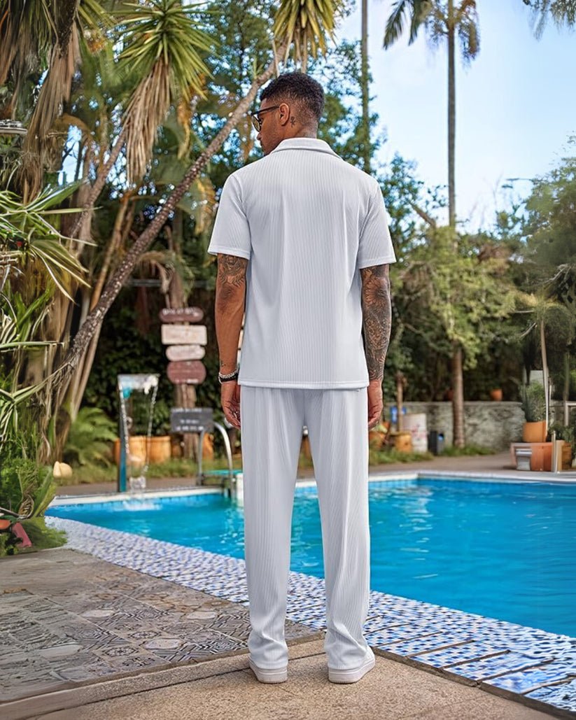 Half Sleeve Zigzag Pattern Oversized Knitted Shirt Cord Set - White and White