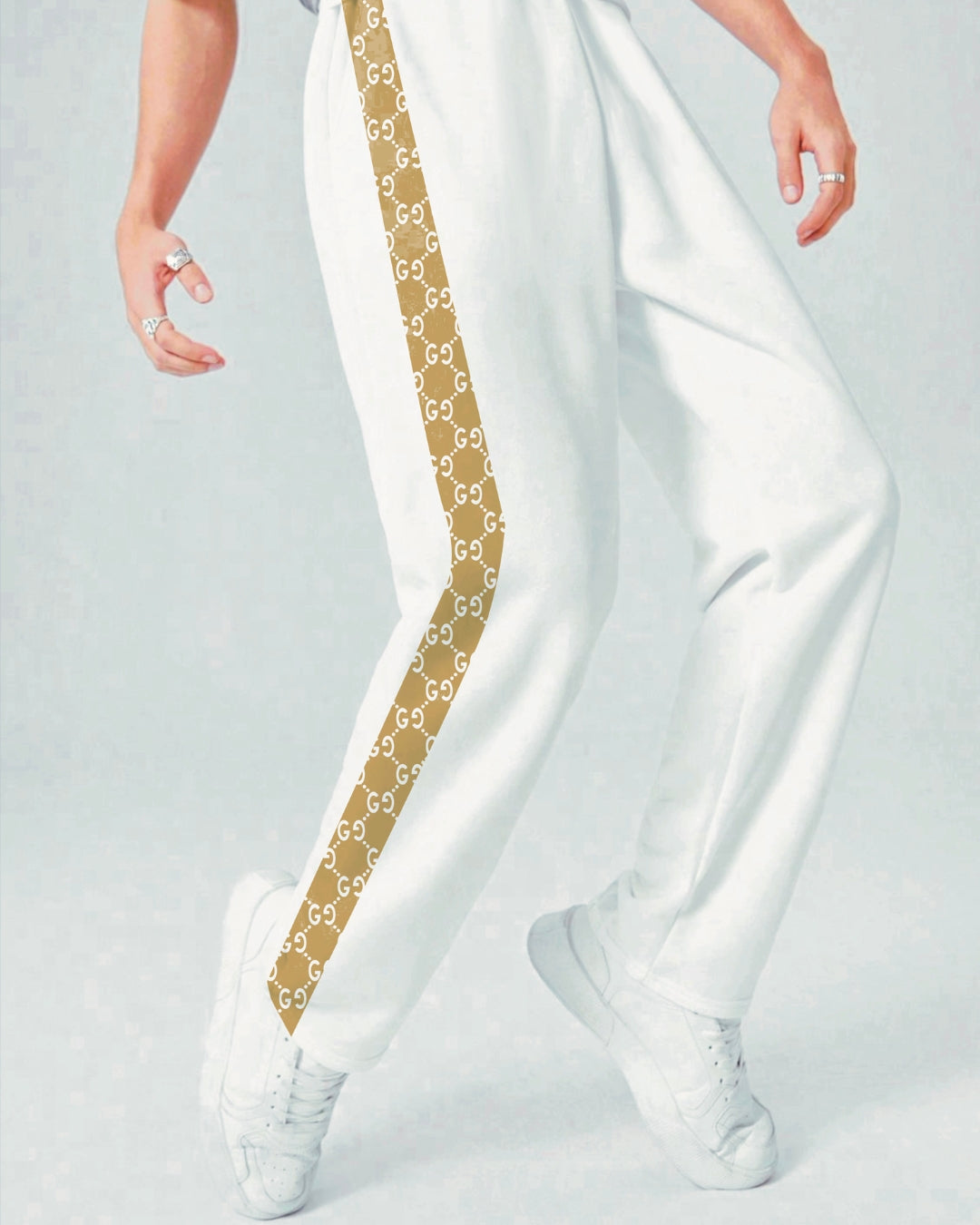 Men's Designer White Cotton Pant - Gucci Straps(*)