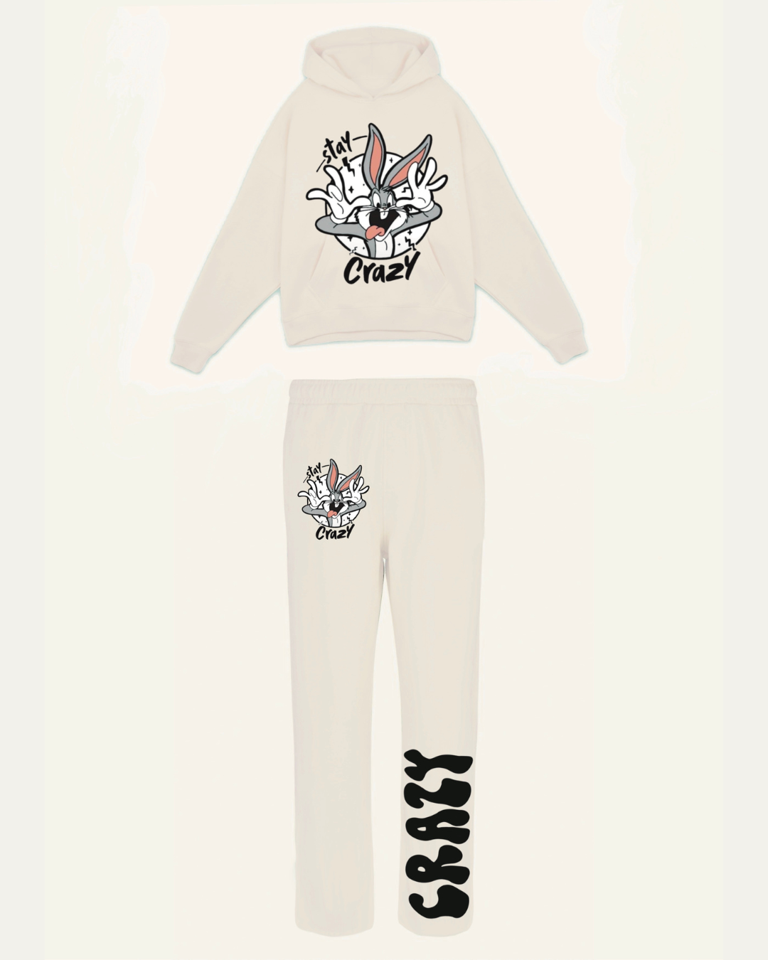 Men's Stay Crazy Oversized Hoodie Co-ord Set - White and White