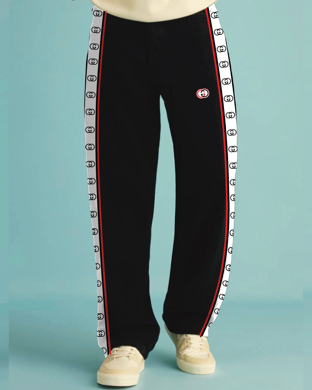 MEN'S DESIGNER BLACK COTTON PANT - GG STRAPS(*)