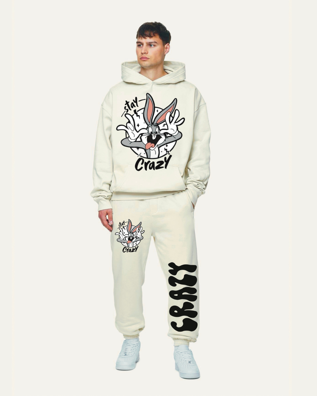 Men's Stay Crazy Oversized Hoodie Co-ord Set - White and White