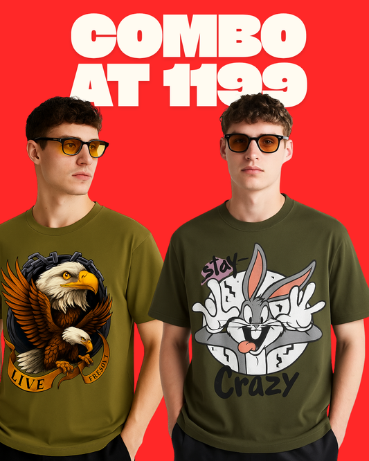 EAGLE FIRE (OLIVE), STAYCRAZY (OLIVE) TEE COMBO OF2(*)