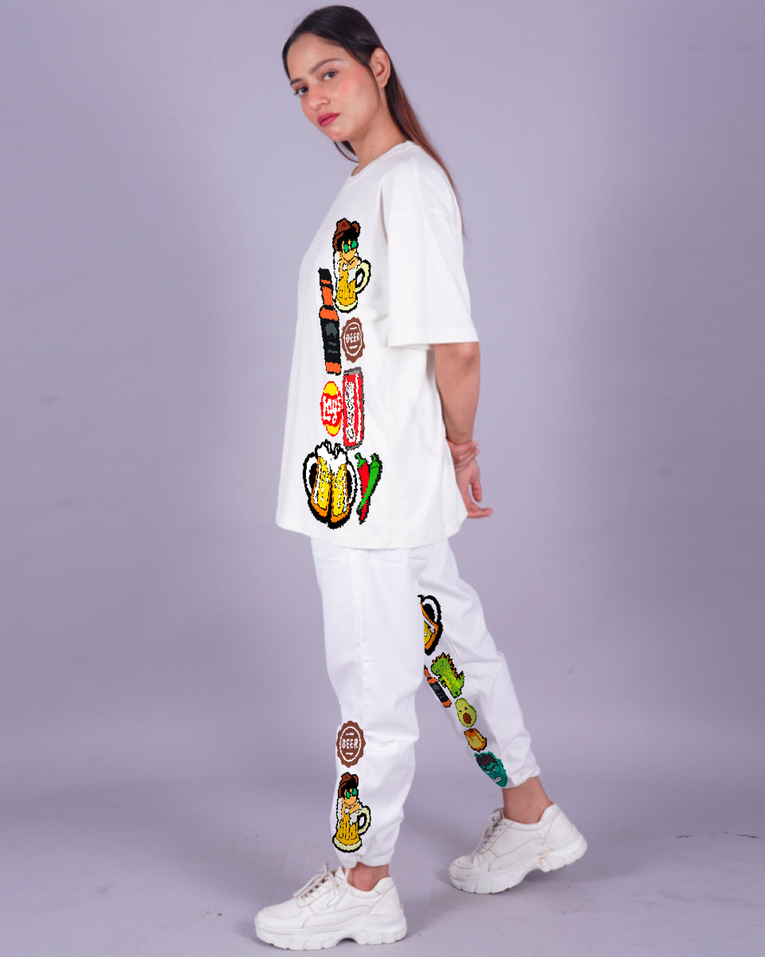 Women BeerFood Oversized Co-Ord Set - White and White