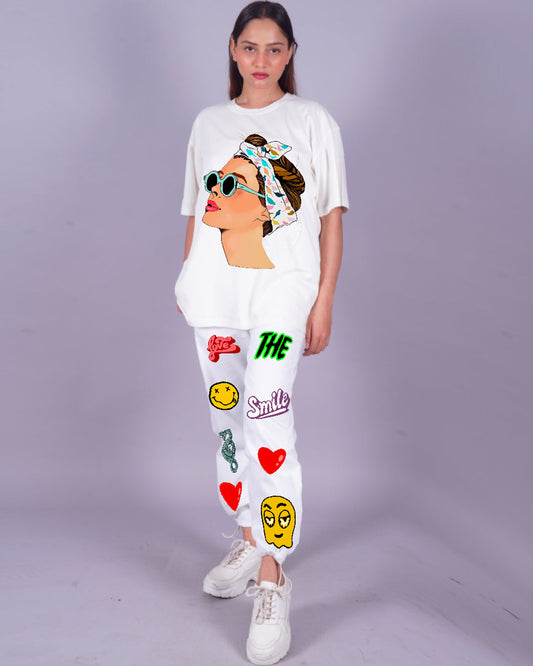 Women Goggy Love Smiley  Oversized Co-Ord Set - White and White