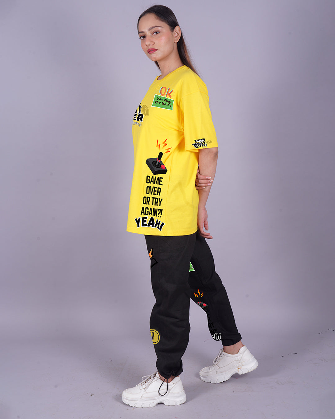 Women Game Over Oversized Co-Ord Set - Yellow and Black