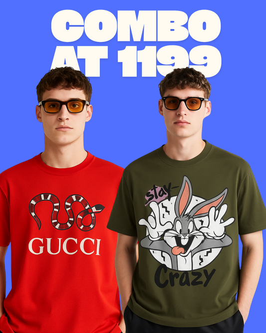 GUCCI SNAKE  (RED), STAY CRAZY (OLIVE) TEE COMBO OF 2(*)