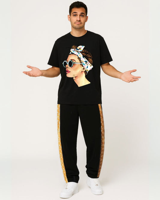 Goggy tees with LV brown  stripe pants ( Black & Black )(*)