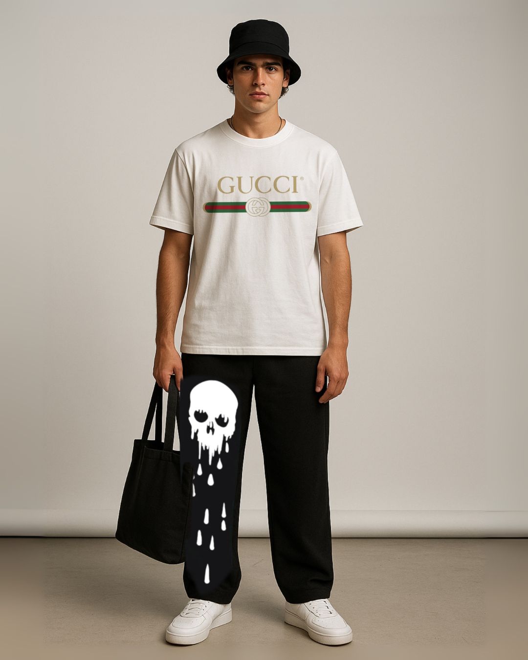 Gucci Branded Tees With  Gothic Graphic pants (white and black)(*)