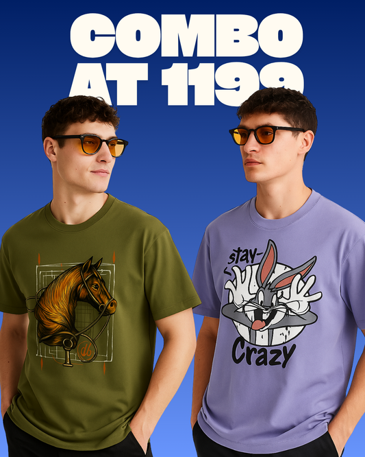 HERMESS HORSE (OLIVE), STAY CRAZY (PURPLE) TEE COMBO OF 2(*)