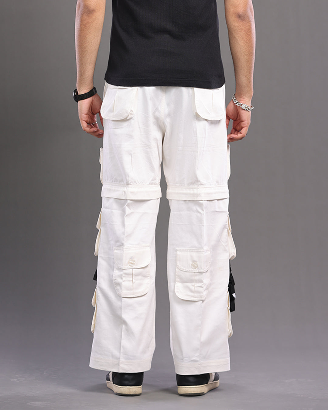 White MaxFlex Cargo Pants: Air Ease Commando Multi-Pocket Style