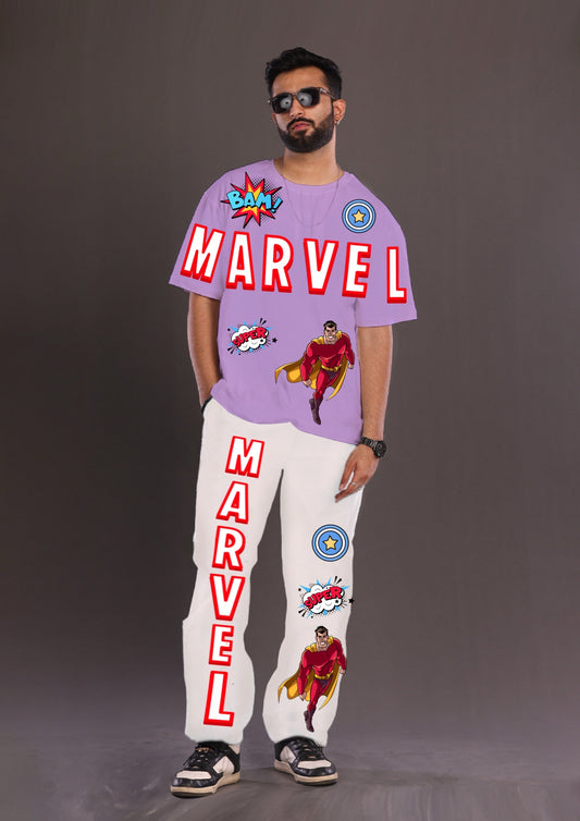 Men's Marvel Oversized Co-Ord Set - Purple and White