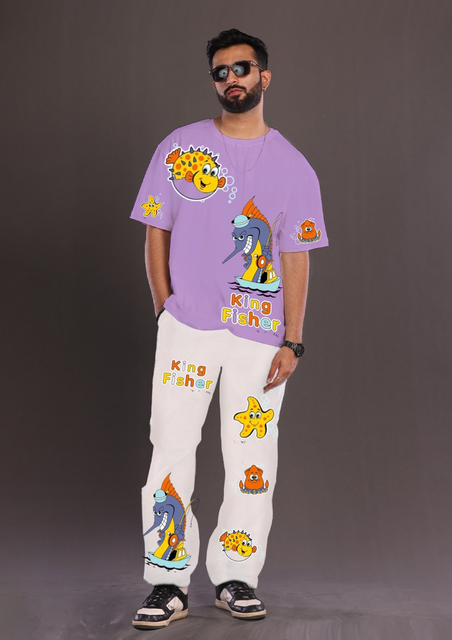 Men's King Fisher Oversized Co-Ord Set - Purple and White