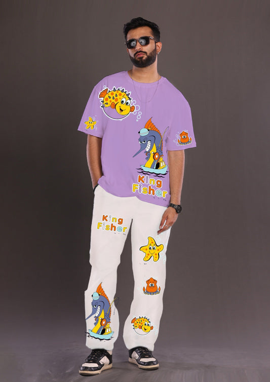 Men's King Fisher Oversized Co-Ord Set - Purple and White