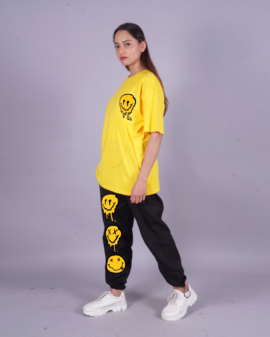 Women Smiley Oversized Co-Ord Set - Yellow and Black