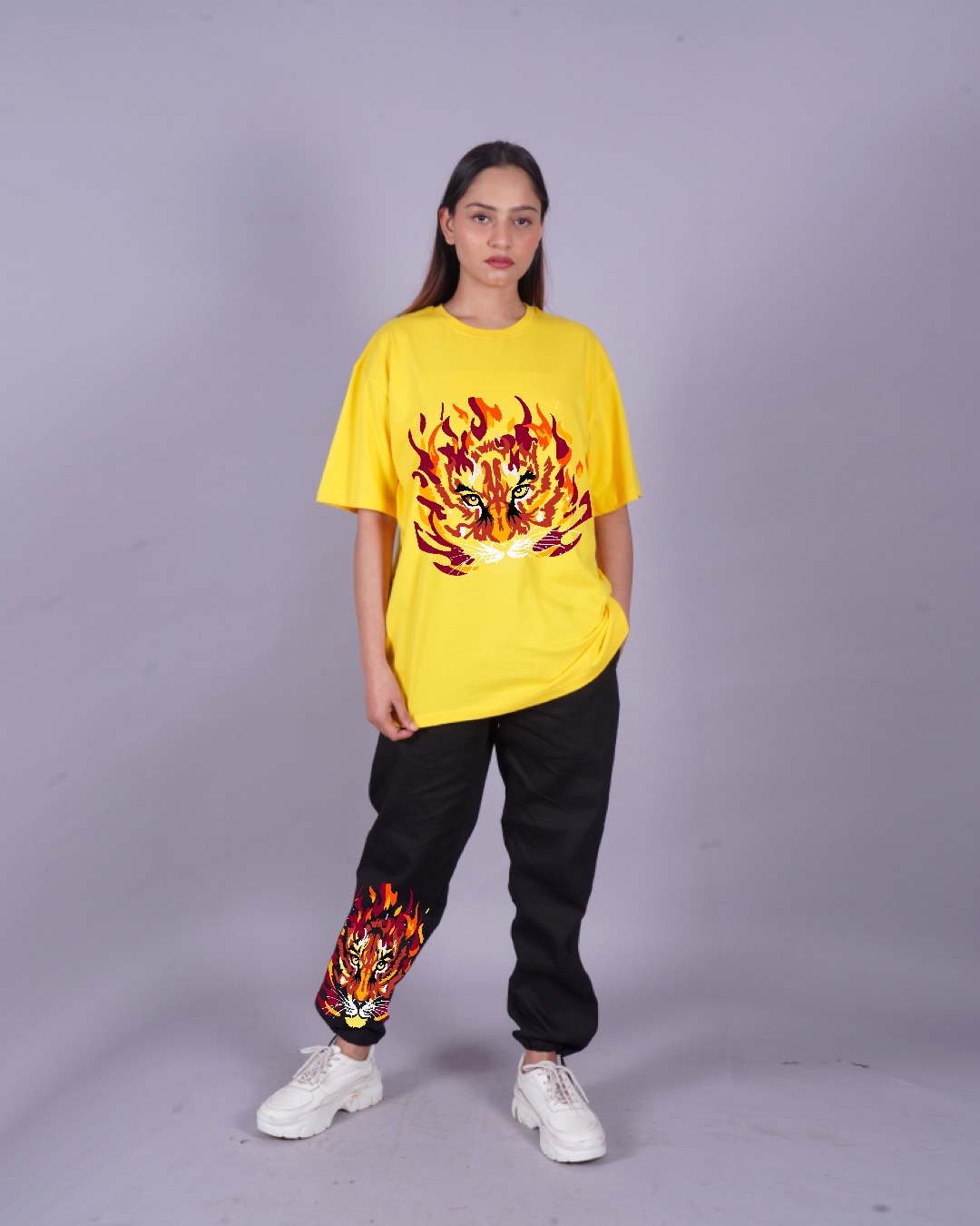 Women Tiger Oversized Co-Ord Set - Yellow and Black