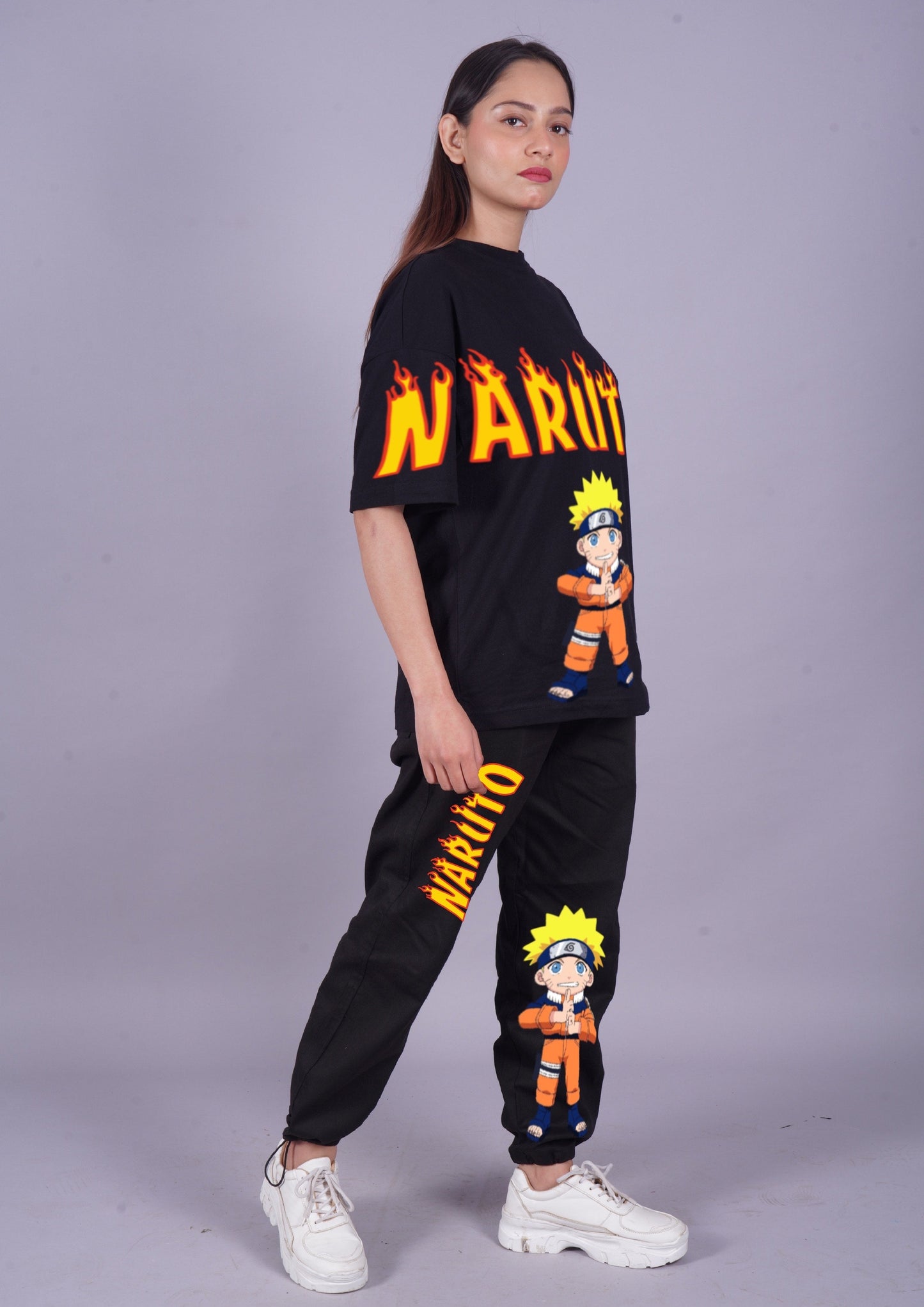 Women Naruto Fire Oversized Co-Ord Set - Black and Black