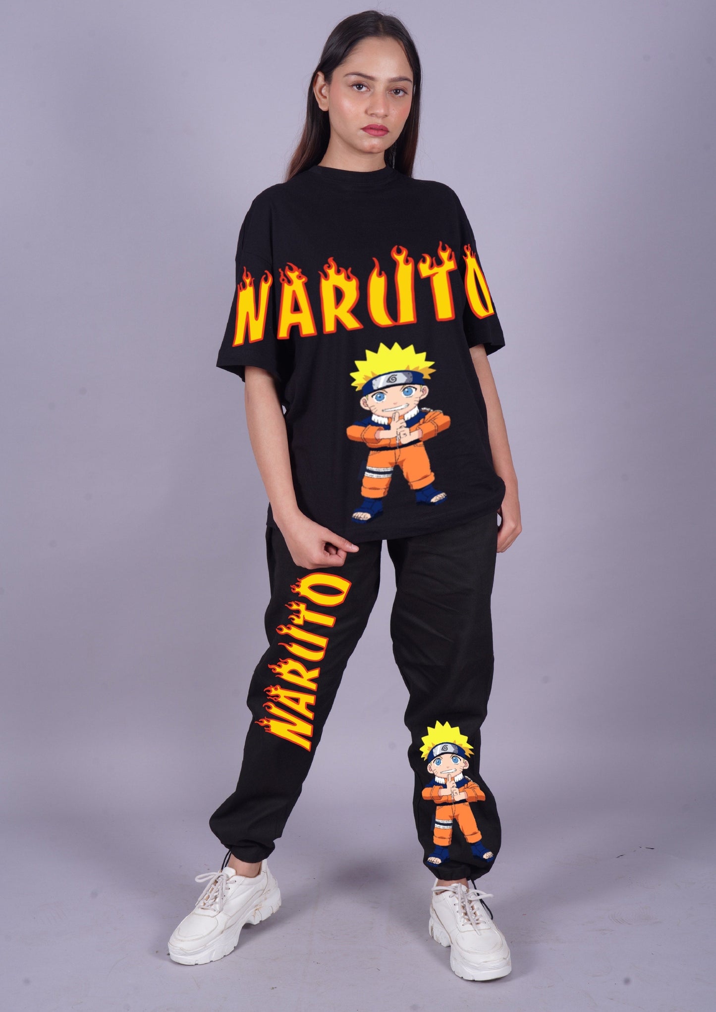 Women Naruto Fire Oversized Co-Ord Set - Black and Black