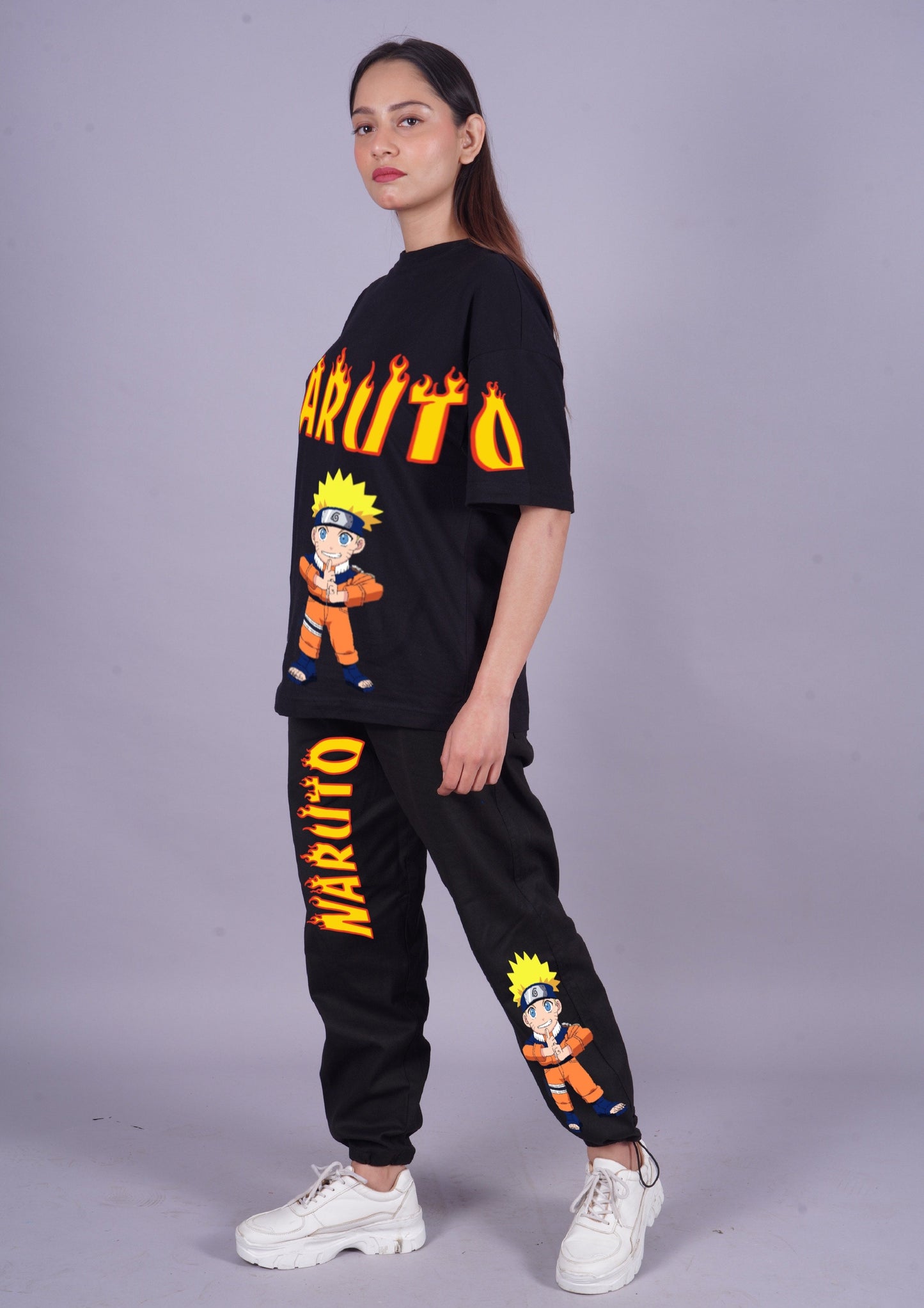 Women Naruto Fire Oversized Co-Ord Set - Black and Black