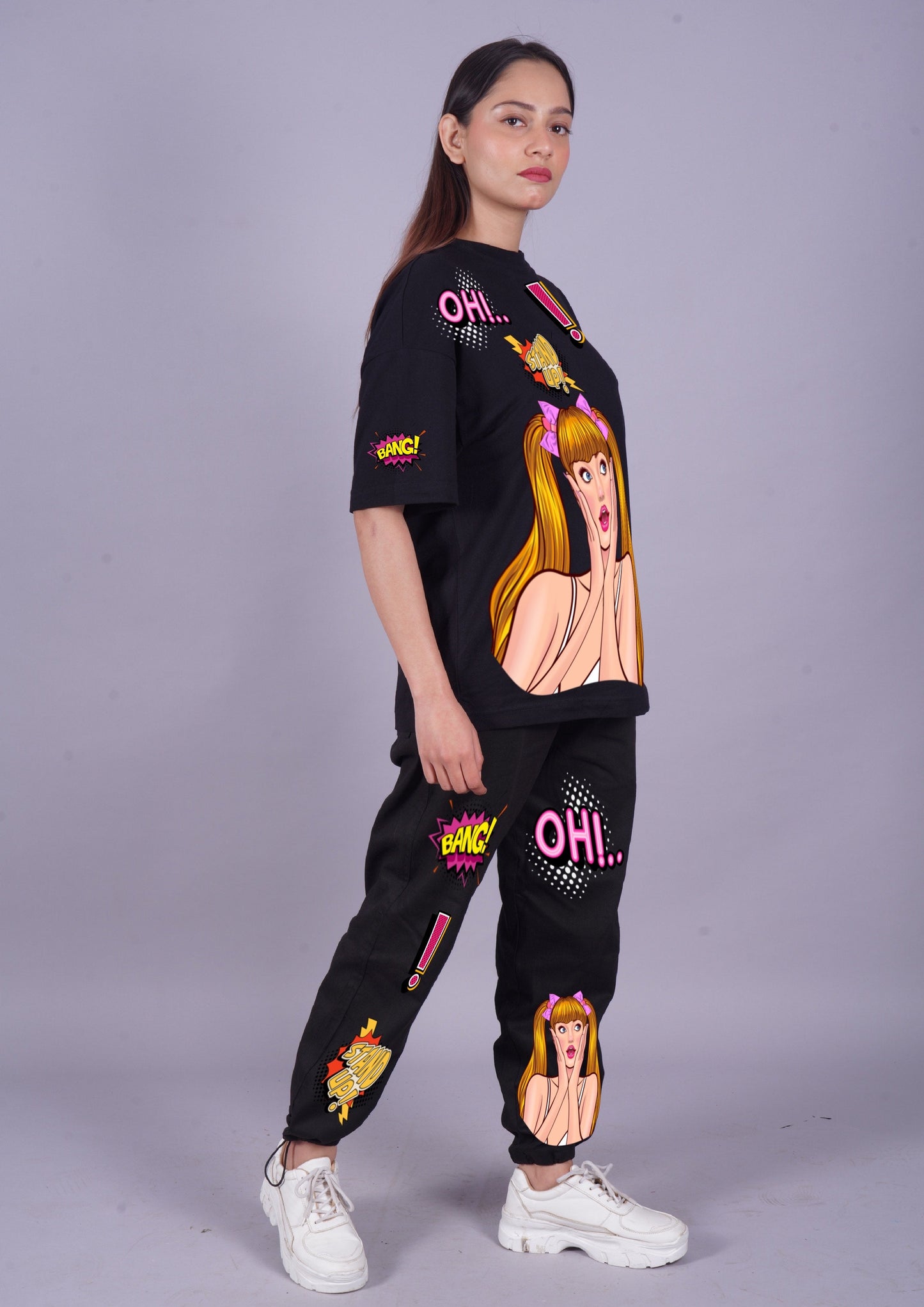 Women Stand Up Graphic Oversized Co-Ord Set - Black and Black