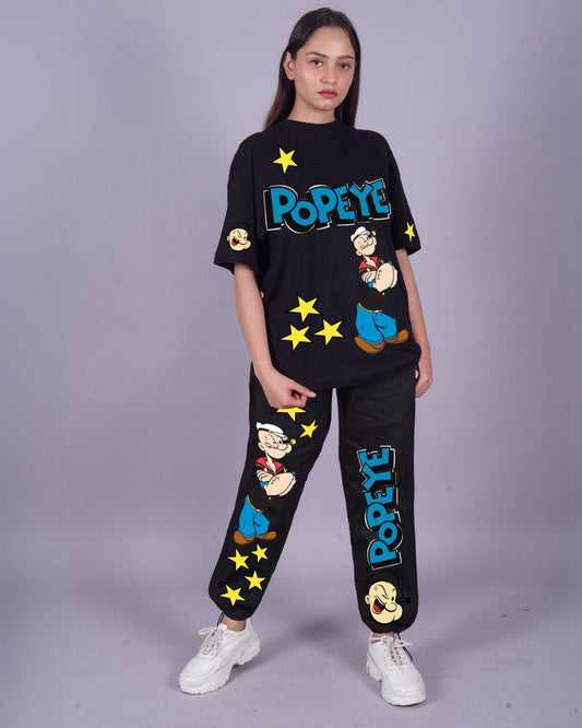 Women Popeye Oversized Co-Ord Set - Black and Black