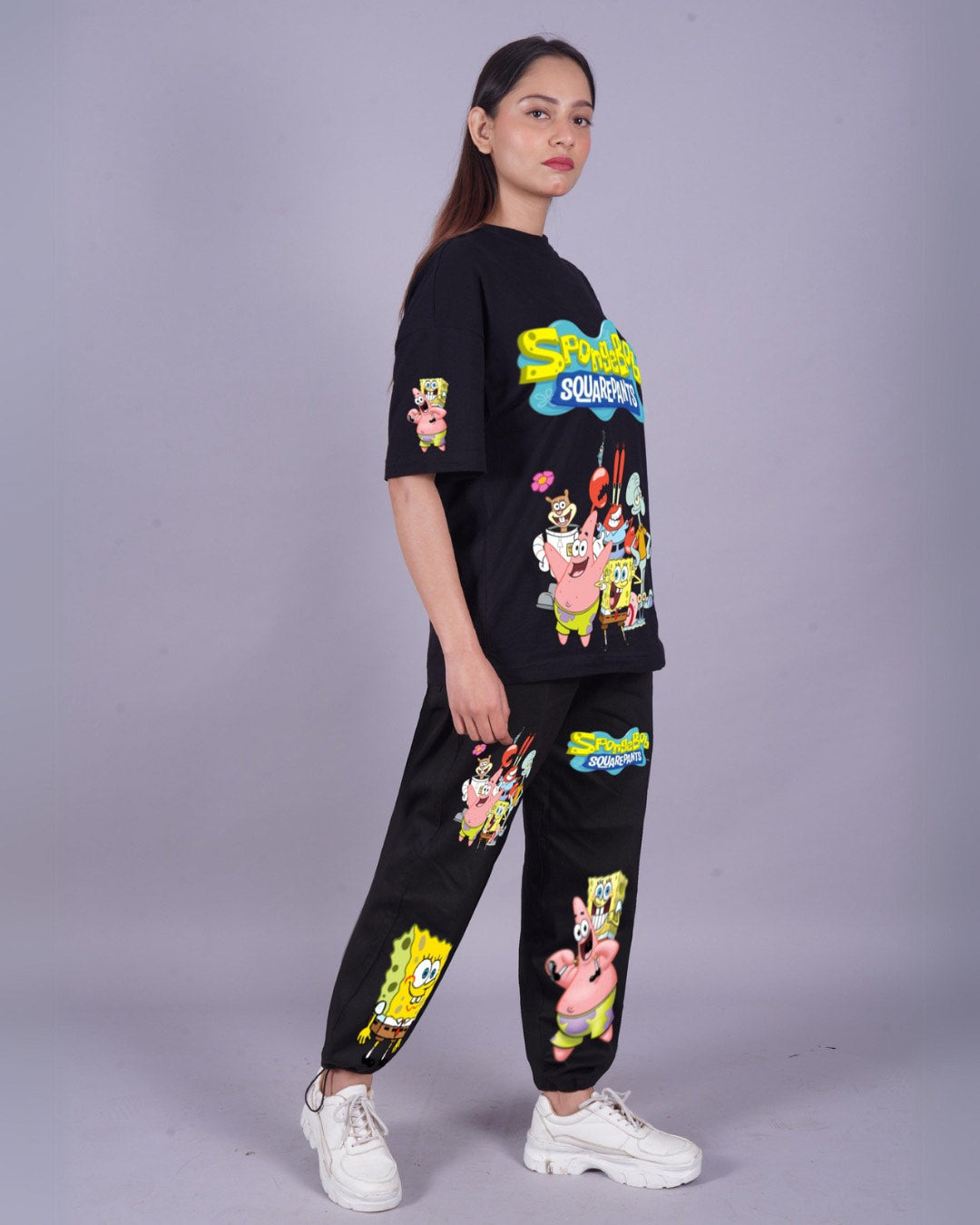 Women SpongeBob Oversized Co-Ord Set - Black and Black