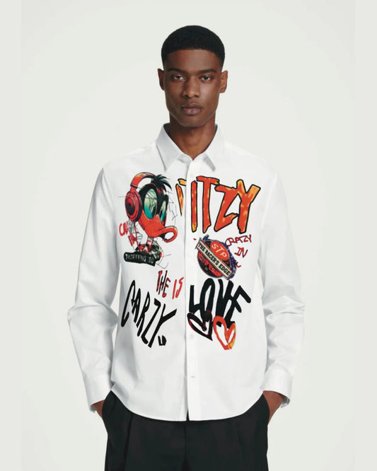 IT'S CRAZY LOVE DUCK FULL SLEEVE WHITE OVERSIZED KNITTED SHIRT(*)