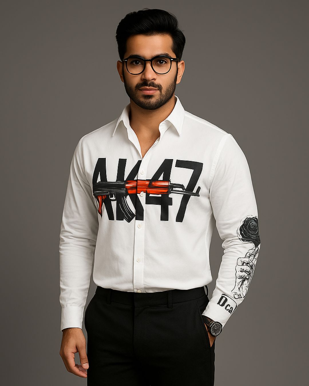 MEN'S AK47 FULL SLEEVE WHITE SHIRT(*)