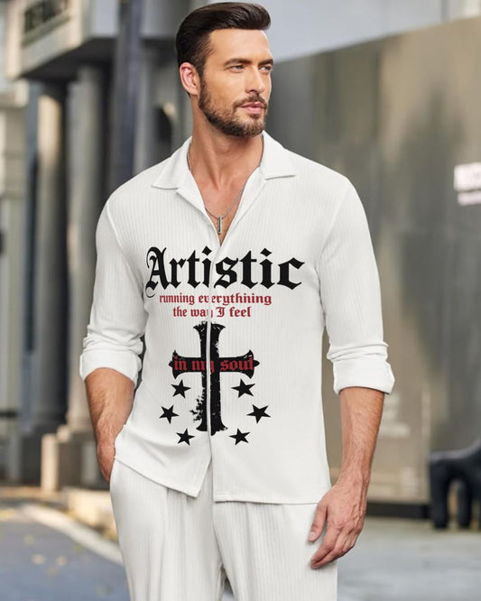 MEN'S ARTISTIC CROSS FULL SLEEVE WHITE SHIRT