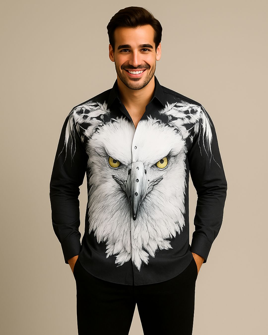 MEN'S FEATHER EGALE SILK FULL SLEEVE BLACK SHIRT