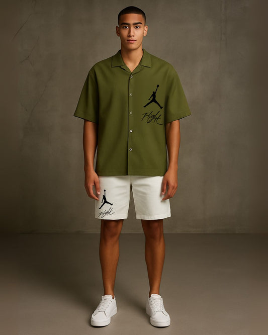 BLACK FLIGHT HALF SLEEVE SHIRT WITH SHORTS CORDSET (OLIVE AND WHITE )(*)