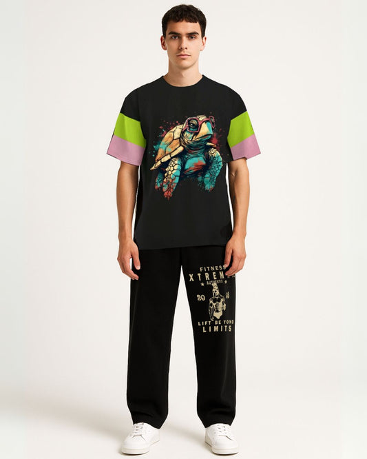 TURTLE BLACK TEES WITH FITNESS  BLACK PANTS(*)