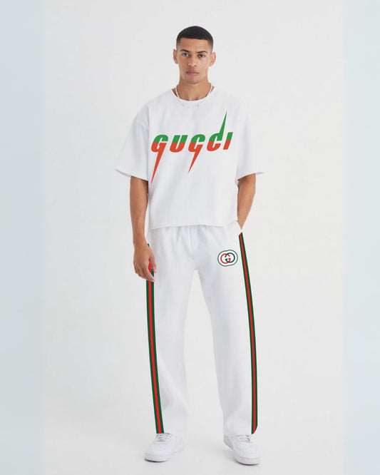 DHAWAN GU'CCCI UNISEX EXCLUSIVE   OVERSIZED TEE - WHITE WITH WHITE   COTTON PANT BRANDED STYLE (GUCCI)(*)