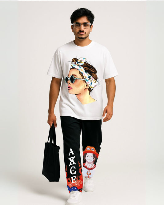 GOGGY - DROP SHOULDER WHITE OVERSIZED  TEE WITH ACE BLACK PANTS(*)