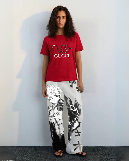 GUCCI SNAKE RED TEES WITH ANIMIE  WORLD WHITE PANT (*)
