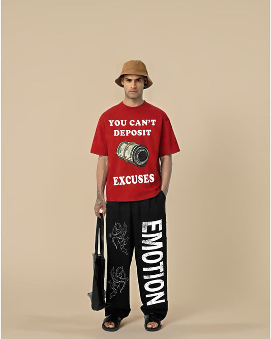 EXCUSES RED TEE WITH EMOTION  BACK PANTS(*)