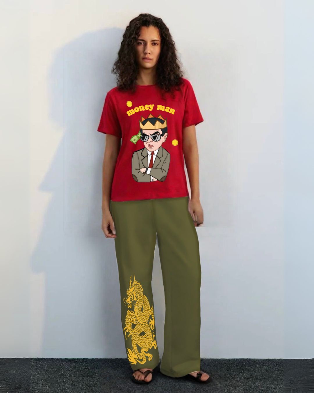 MONEY MAN RED TEES WITH GOLDEN  DRAGON OLIVE PANTS(*)